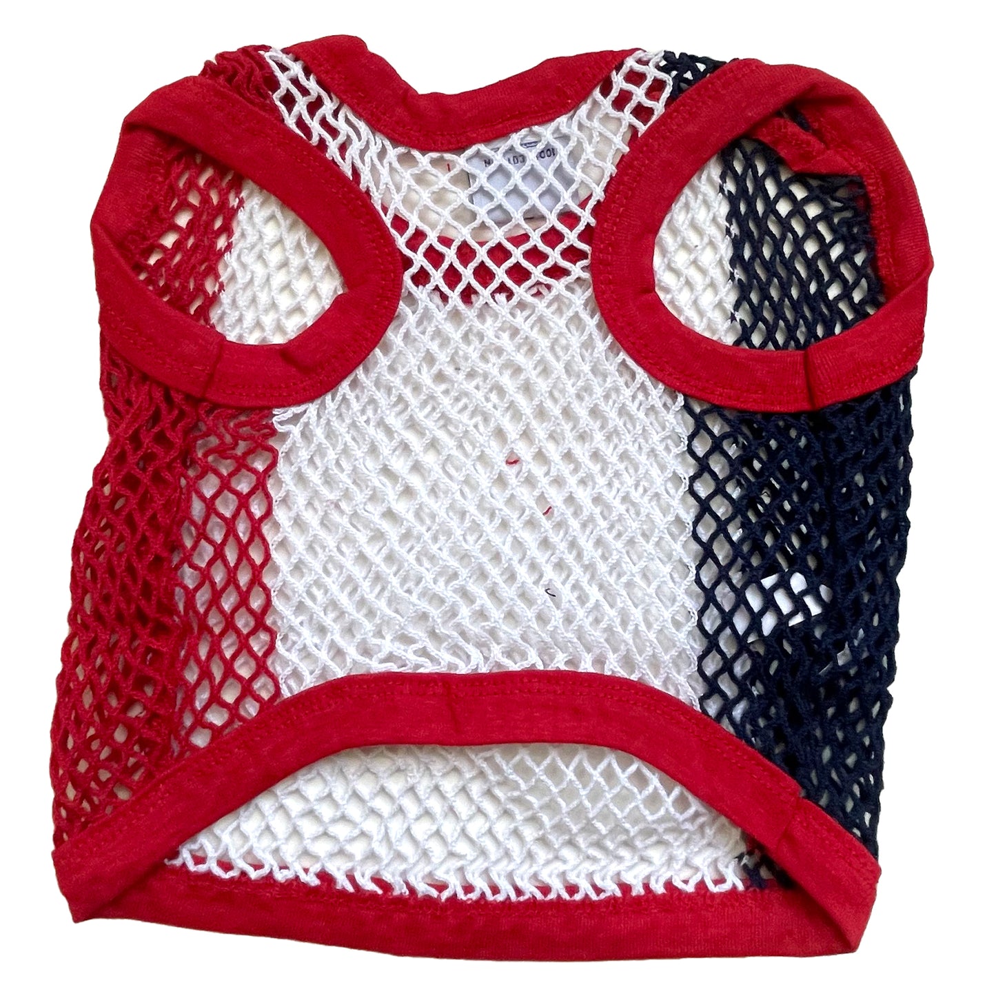 PawWear LARGE RED-WHITE-BLUE 100% Cotton Tank Top, Fisherman String Vest, Mesh Shirt for miniature, puppy, toy dogs - FRONT
