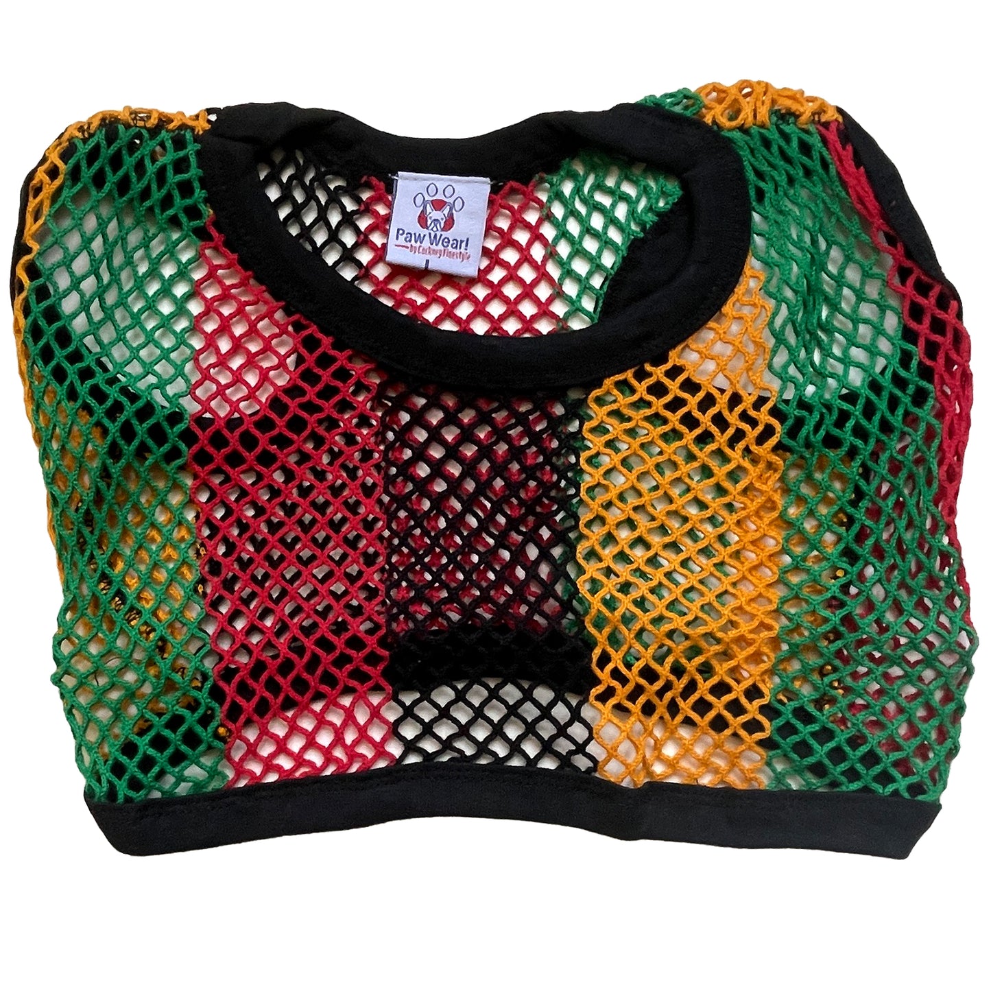 PawWear LARGE RASTA COLORS 100% Cotton Tank Top, Fisherman String Vest, Mesh Shirt for miniature, puppy, toy dogs - BACK