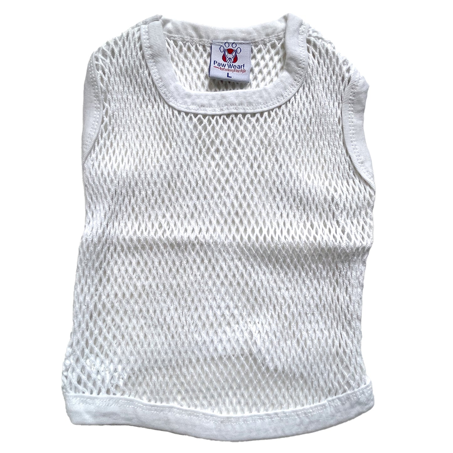 PawWear LARGE WHITE 100% Cotton Tank Top, Fisherman String Vest, Mesh Shirt for miniature, puppy, toy dogs - BACK