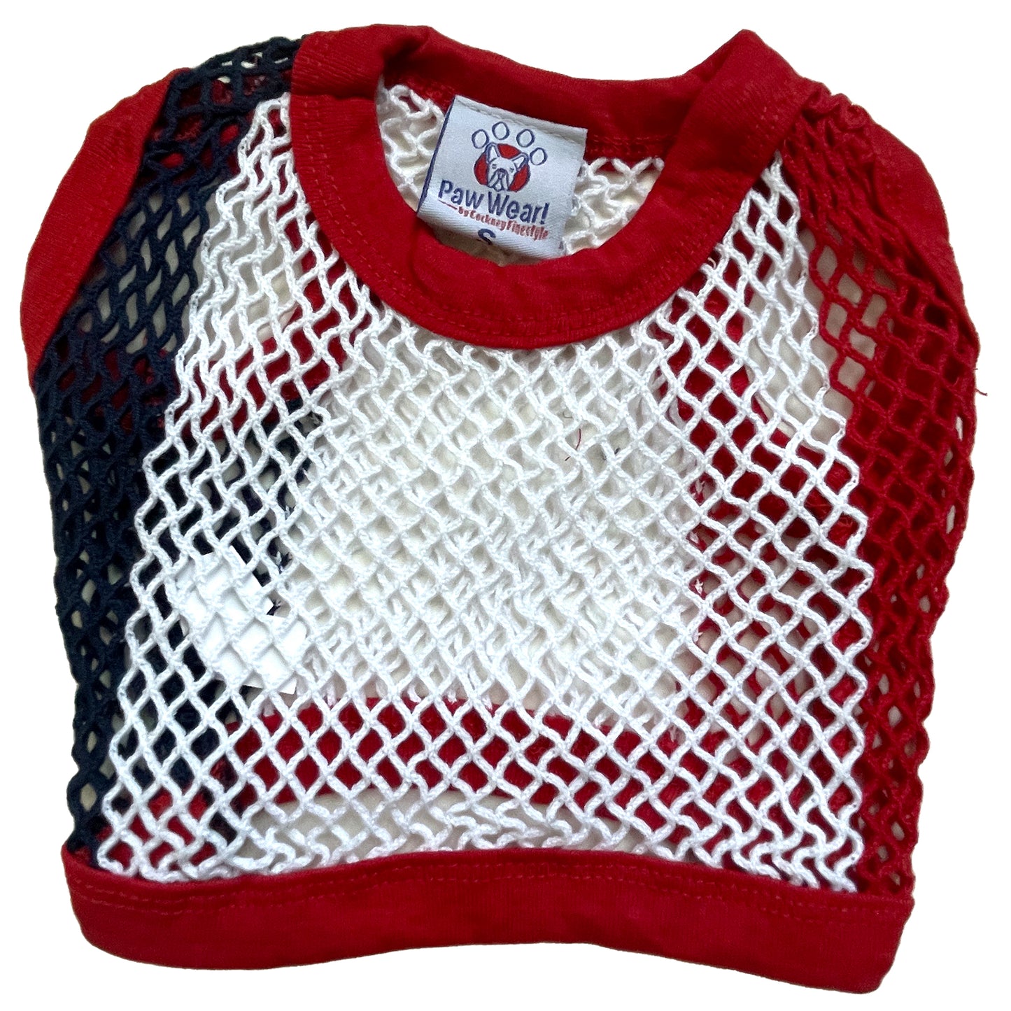 PawWear SMALL RED-WHITE-BLUE 100% Cotton Tank Top, Fisherman String Vest, Mesh Shirt for miniature, puppy, toy dogs - BACK