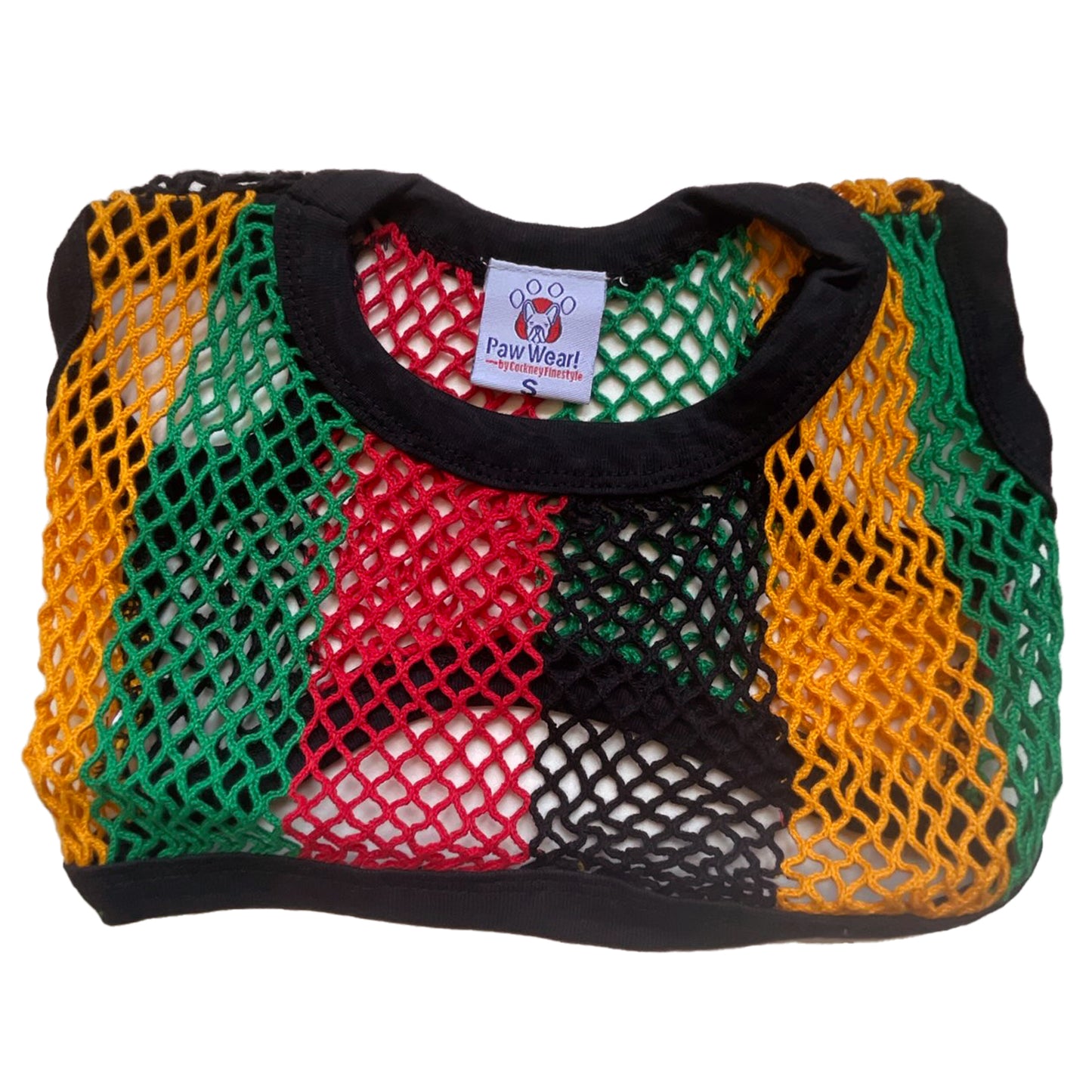 PawWear SMALL RASTA COLORS 100% Cotton Tank Top, Fisherman String Vest, Mesh Shirt for miniature, puppy, toy dogs - BACK