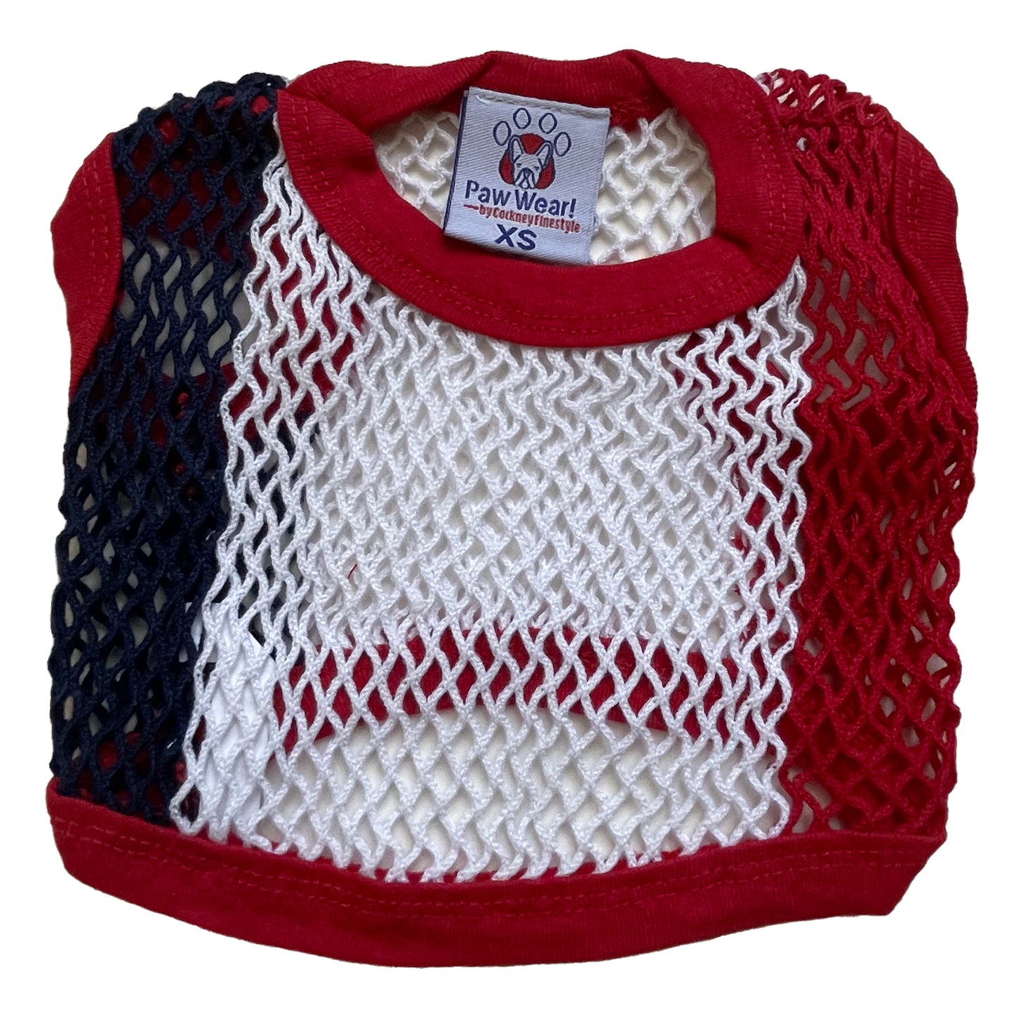 PawWear XS RED-WHITE-BLUE 100% Cotton Tank Top, Fisherman String Vest, Mesh Shirt for miniature, puppy, toy dogs - BACK