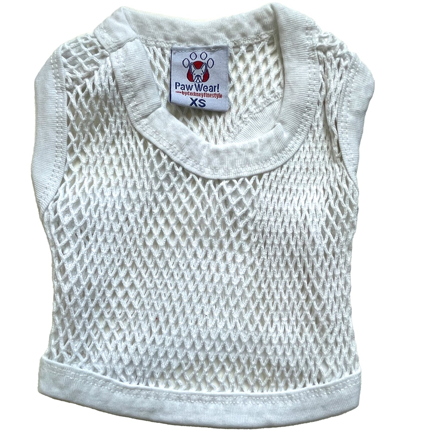 PawWear XS WHITE 100% Cotton Tank Top, Fisherman String Vest, Mesh Shirt for miniature, puppy, small toy dogs - BACK